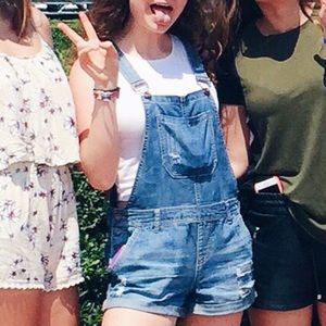 distressed denim shortalls with aztec design